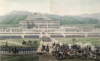 Die Ankunft von Napoleon Bonaparte (1769-1821) im Schloss Schönbrunn, graviert von Aubertin, ca. 1820